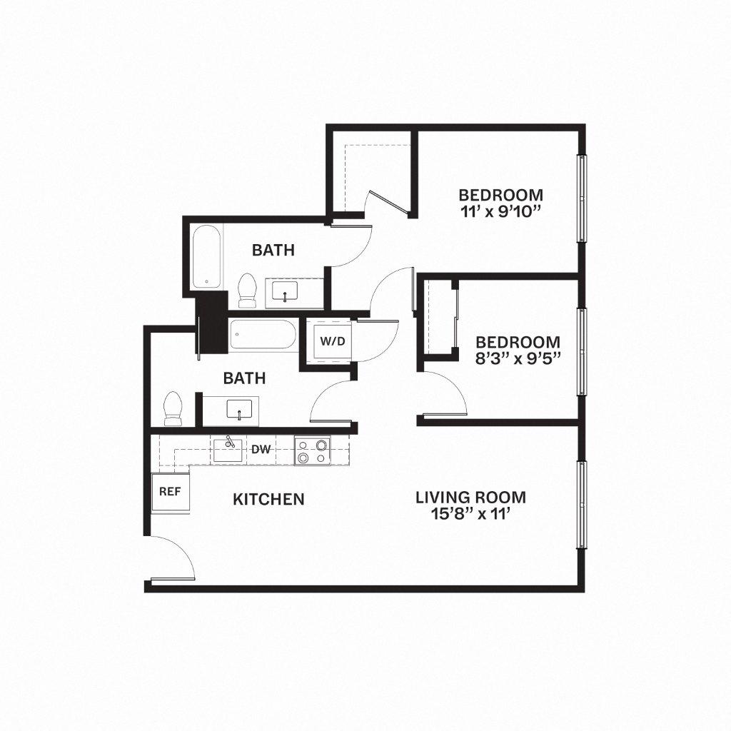 Floor plan for 2 beds, 2 baths, 892 sqft